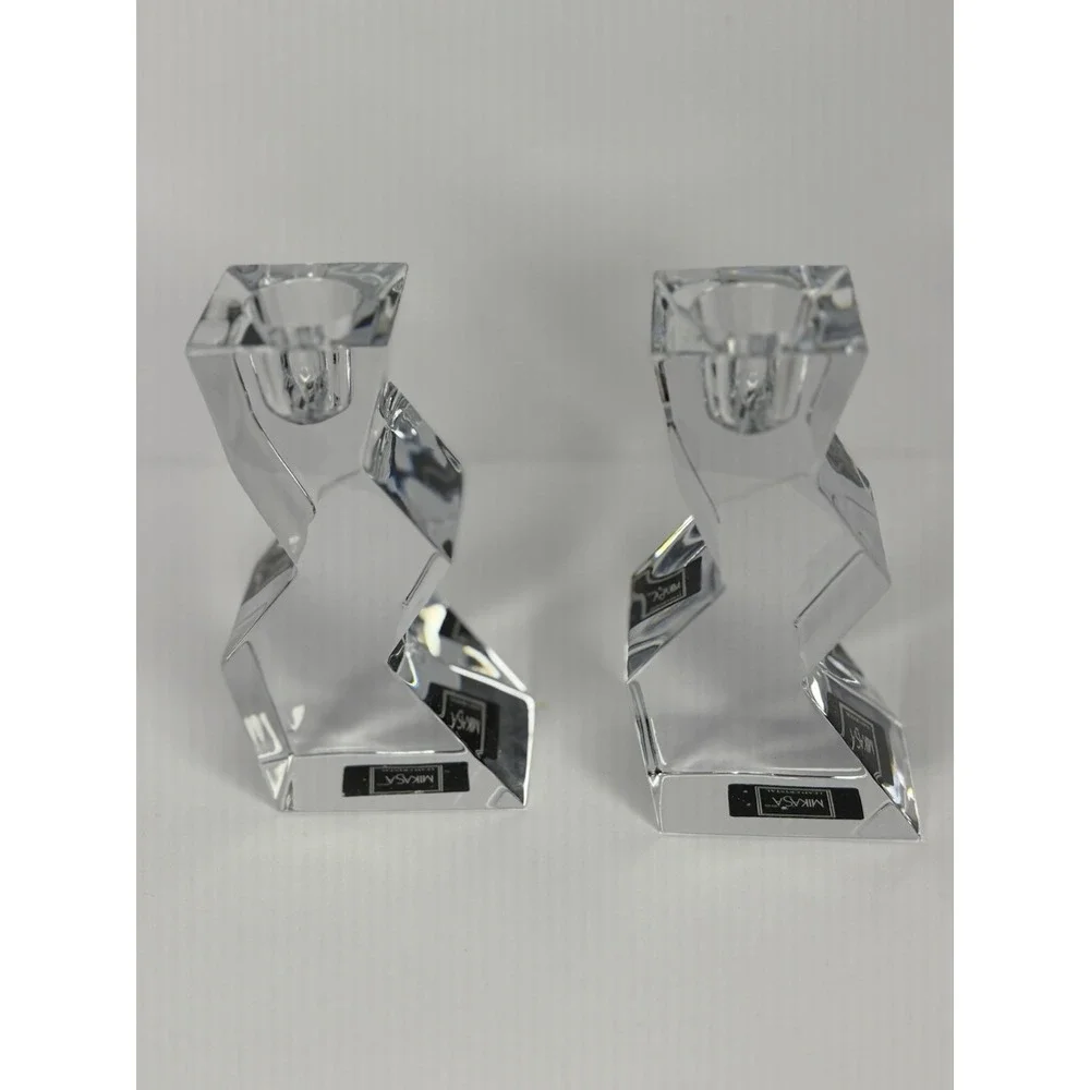 Pair Lead Crystal Mikasa Enigma Candleholders Zig Zag Abstract Elegant  Box 5